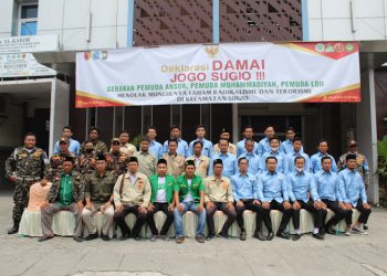 GP Ansor Lamongan, PD Pemuda Muhammadiyah, dan Pemuda LDII kompak deklarasikan damai Jogo Kecamatan Sugio, 26 Maret 2022. Dok: Kontributor Lines Lamongan.