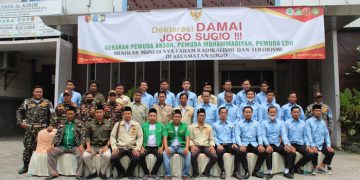 GP Ansor Lamongan, PD Pemuda Muhammadiyah, dan Pemuda LDII kompak deklarasikan damai Jogo Kecamatan Sugio, 26 Maret 2022. Dok: Kontributor Lines Lamongan.