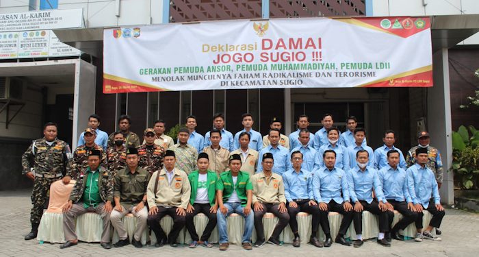GP Ansor Lamongan, PD Pemuda Muhammadiyah, dan Pemuda LDII kompak deklarasikan damai Jogo Kecamatan Sugio, 26 Maret 2022. Dok: Kontributor Lines Lamongan.