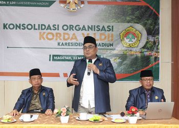 Ketua DPW LDII Jawa Timur KH Moch Amrodji Konawi berikan sambutan di acara konsolidasi organisasi Korda V LDII Karesidenan Madiun, 23 Maret 2022. Dok: kontributor Lines Jatim.
