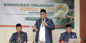 Ketua DPW LDII Jawa Timur KH Moch Amrodji Konawi berikan sambutan di acara konsolidasi organisasi Korda V LDII Karesidenan Madiun, 23 Maret 2022. Dok: kontributor Lines Jatim.