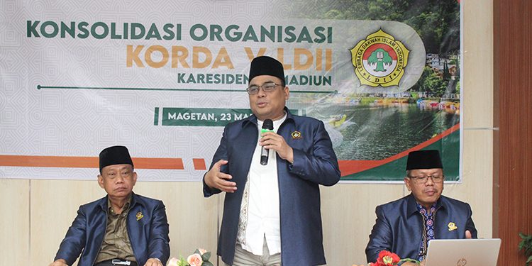 Ketua DPW LDII Jawa Timur KH Moch Amrodji Konawi berikan sambutan di acara konsolidasi organisasi Korda V LDII Karesidenan Madiun, 23 Maret 2022. Dok: kontributor Lines Jatim.