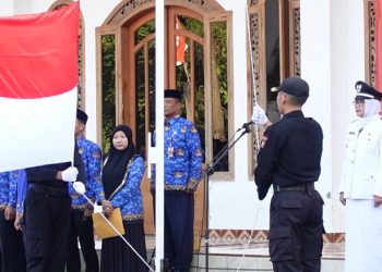 Paskibra upacara peringatan HUT ke-77 RI mengerek bendera merah putih di lingkungan Ponpes Pondok Blawe, Rabu (17/8). Dok: LDII Kediri.
